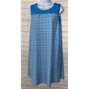Jude Connally Sz XL Molly Shift Dress Blue White Geo Print Nylon Stretch EUC
